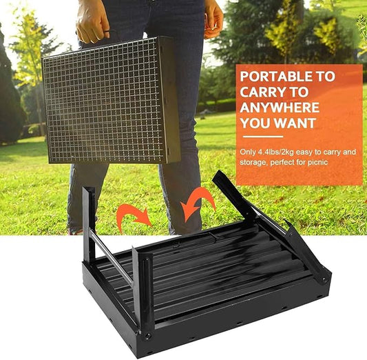 Charcoal Grill - Portable Foldable BBQ Grill (2 Spoons, 1 Grill, 10 Skewers, 1 Air Blower), Outdoor BBQ Tools for Camping, Hiking, Travel (BBQ)