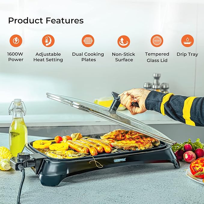 GEEPAS 1600W Non-Stick Electric Grill with Adjustable Thermostat, Smokeless for Indoor Use, Overheat Protection Glass Lid with Illuminated Power Indicator, GBG63040, Black
