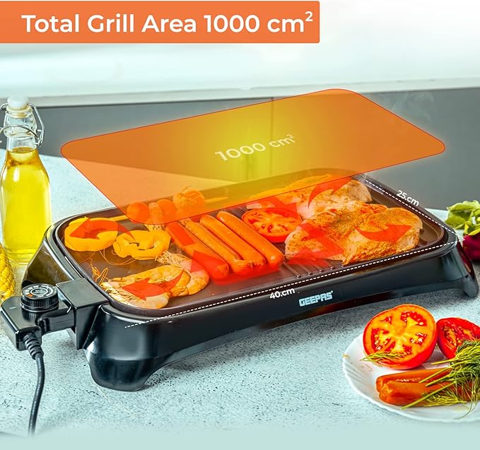 GEEPAS 1600W Non-Stick Electric Grill with Adjustable Thermostat, Smokeless for Indoor Use, Overheat Protection Glass Lid with Illuminated Power Indicator, GBG63040, Black