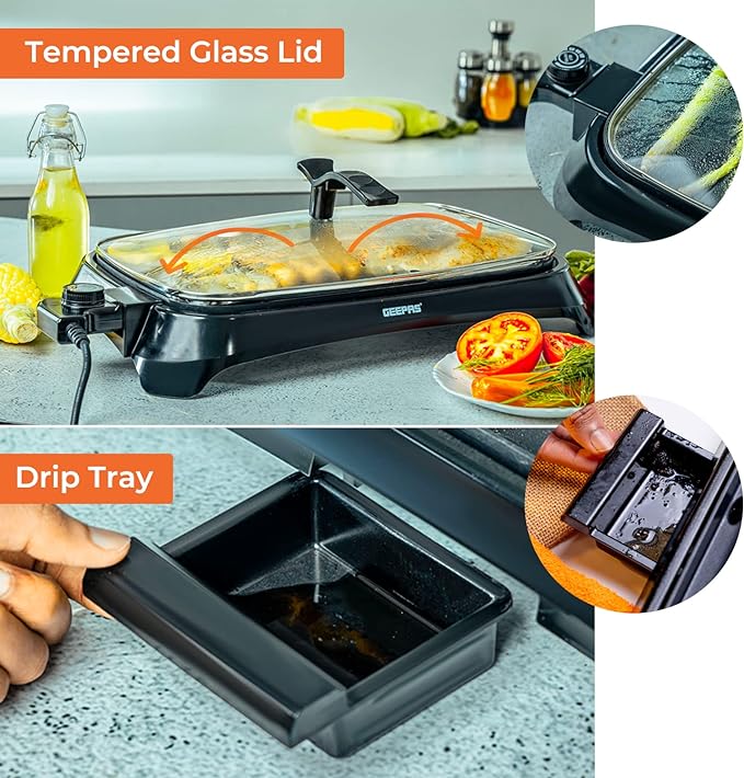 GEEPAS 1600W Non-Stick Electric Grill with Adjustable Thermostat, Smokeless for Indoor Use, Overheat Protection Glass Lid with Illuminated Power Indicator, GBG63040, Black