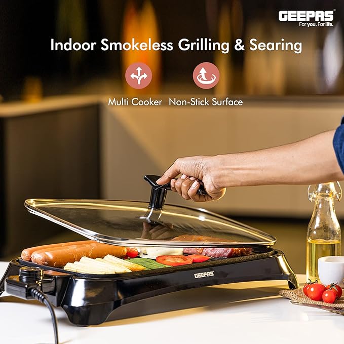 GEEPAS 1600W Non-Stick Electric Grill with Adjustable Thermostat, Smokeless for Indoor Use, Overheat Protection Glass Lid with Illuminated Power Indicator, GBG63040, Black