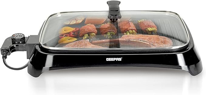 GEEPAS 1600W Non-Stick Electric Grill with Adjustable Thermostat, Smokeless for Indoor Use, Overheat Protection Glass Lid with Illuminated Power Indicator, GBG63040, Black