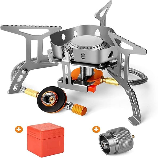 The White Shop 3500W Windproof Camping Gas Stove with Fuel Canister Adapter, Portable Folding Piezo Stove for Outdoor Camping, Hiking, Picnic