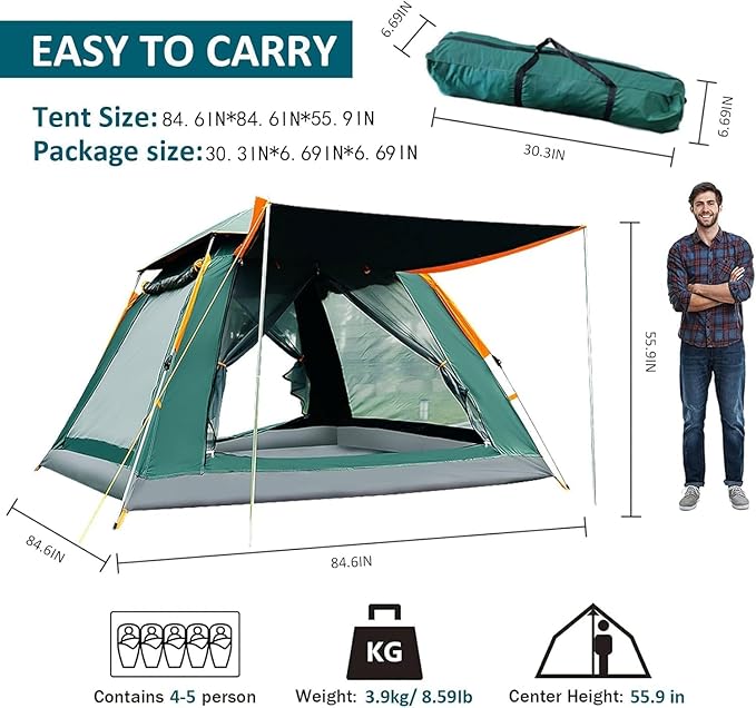 Lightweight Camping Tent for 4-6 Persons, 30 Seconds Instant Pop Up Tent, Automatic Family Outdoor Camping Tent, Waterproof Hiking Dome Tent with Carry Bag and Removable Rain Cover for Bags