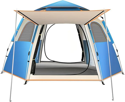 4 Person Camping Tent, Hexagon Thickened Rainproof Fully Automatic Outdoor Tent, Foldable Outdoor Tent, with Removable Rainproof Roof and Handbag, Suitable for Family Picnics and Beach Parties