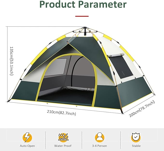 T-DO Camping Tent (2-4 Person) Lightweight Waterproof Camping Hiking Tent, Easy Set Up Automatic Camping Tent, Pop Up Desert Camping Tent for Family and Friends, with Removable Rain Flap
