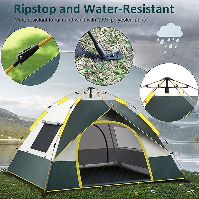 T-DO Camping Tent (2-4 Person) Lightweight Waterproof Camping Hiking Tent, Easy Set Up Automatic Camping Tent, Pop Up Desert Camping Tent for Family and Friends, with Removable Rain Flap
