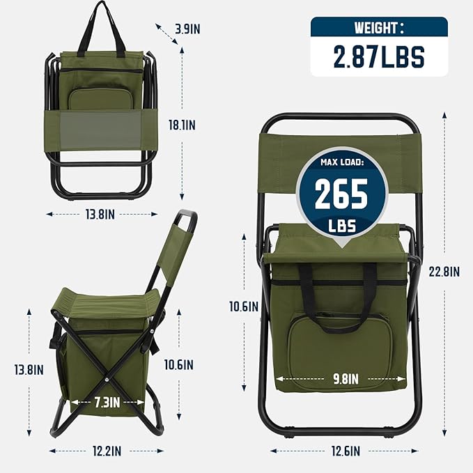 Fandango Small Fishing Chair with Cooler Bag, Lightweight Camping Chair with Backrest for Hiking, Travel, Hunting, Ice Fishing for Men, Supports 265lbs (Green)