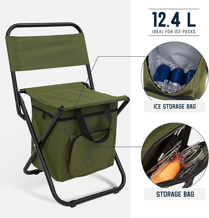 Fandango Small Fishing Chair with Cooler Bag, Lightweight Camping Chair with Backrest for Hiking, Travel, Hunting, Ice Fishing for Men, Supports 265lbs (Green)