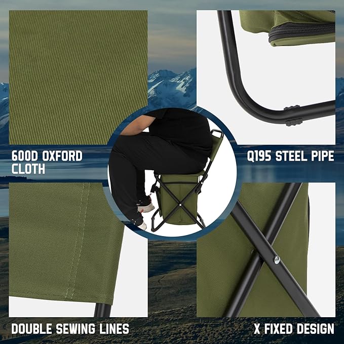 Fandango Small Fishing Chair with Cooler Bag, Lightweight Camping Chair with Backrest for Hiking, Travel, Hunting, Ice Fishing for Men, Supports 265lbs (Green)