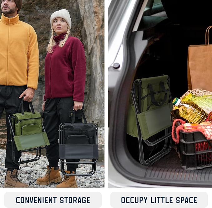 Fandango Small Fishing Chair with Cooler Bag, Lightweight Camping Chair with Backrest for Hiking, Travel, Hunting, Ice Fishing for Men, Supports 265lbs (Green)