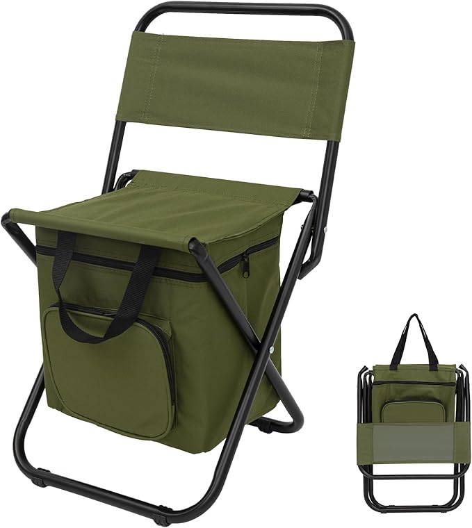 Fandango Small Fishing Chair with Cooler Bag, Lightweight Camping Chair with Backrest for Hiking, Travel, Hunting, Ice Fishing for Men, Supports 265lbs (Green)