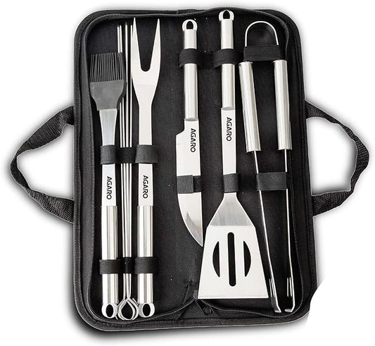 Agaroo Grand 9 Piece BBQ Tool Set, Durable Stainless Steel BBQ Accessories with Carrying Bag, Knife, Spatula, Tongs, Forks, Skewers, Basting Brush, Outdoor BBQ, Camping, Picnic, Silver