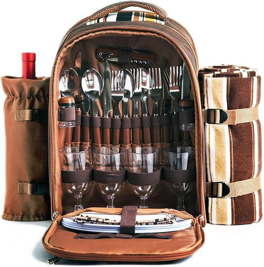Happy Team 4 Person Picnic Backpack with Cooler Compartment and Detachable Bottle, Fleece Blanket, Plate and Cutlery Set Perfect for Outdoor, Sports, Hiking, Camping, BBQ (AE-3065)
