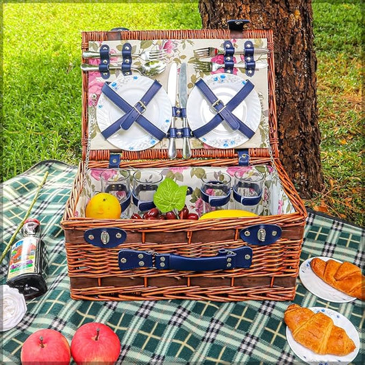 Yatai Natural Willow Basket, Classic Picnic Basket for 4, Wicker Picnic Basket with Plate, Spoon, Bottle Holder and Glass Fork, Traditional Country Style Portable Picnic Basket for Parties and Camping