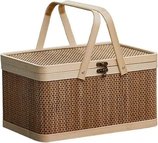 YOLNI Woven Picnic Basket with Lid, Portable Picnic Basket for Snacks, Bread Storage