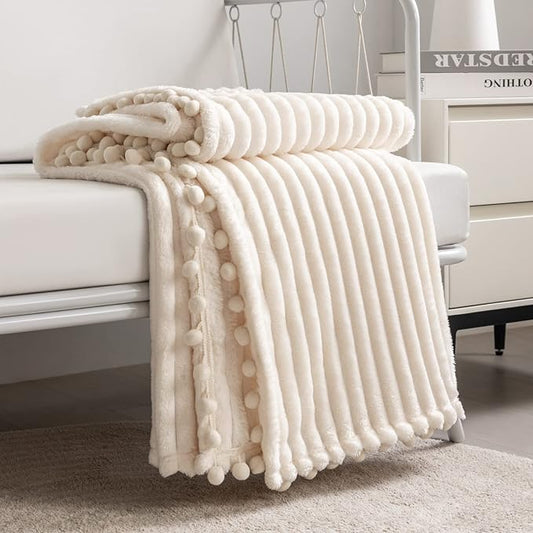 DISSE Fleece Blanket Twin Size - 51" x 63", Beige - Soft, Plush, Fluffy, Warm, Cozy, Perfect for Couch, Bed, Sofa - with Pom Pom Tassels - Flannel Blanket