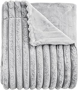 Soft Warm Faux Fur Blanket, Soft Striped Fleece Blanket for Sofa Bed Living Room, Grey - Double Size 150 x 200 cm