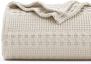 BHF 100% Cotton Waffle Blanket Queen Size 90" x 90", Soft Pre-Washed Woven Blanket for All Seasons, Lightweight Breathable Blanket for Couch, Bed, Sofa, Oatmeal