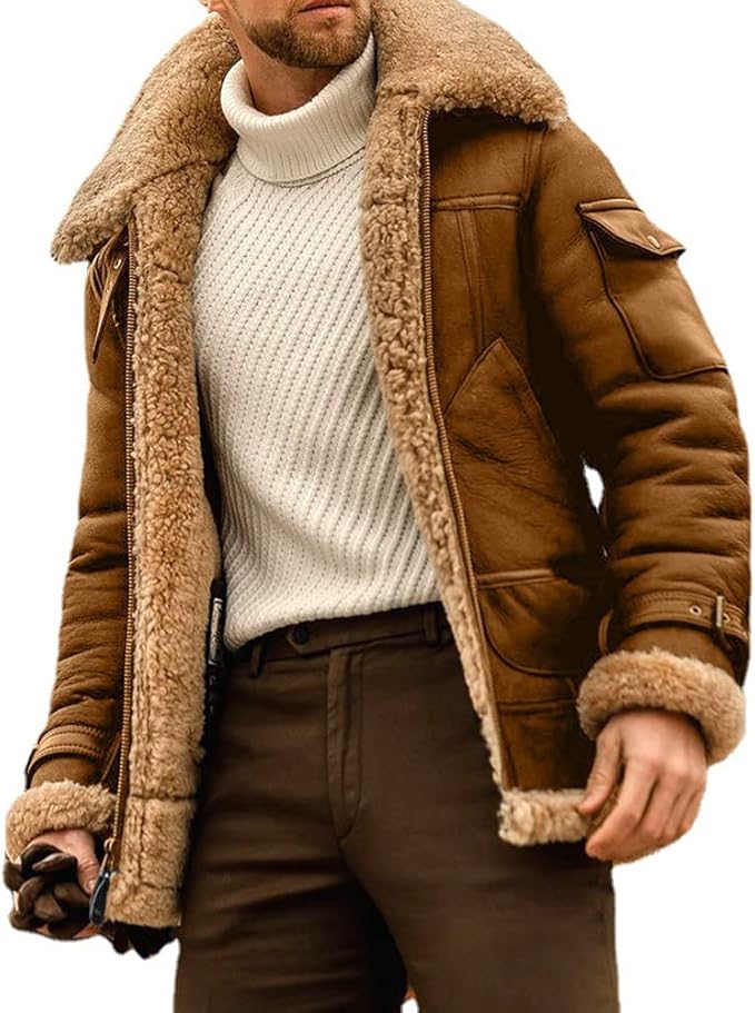 Men's Stylish B3 Bomber Flight Shearling Aviator Leather Jacket Winter Sheepskin Coat
