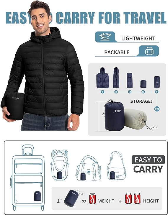 Pioneer Camp Men's Lightweight Stackable Jacket, Thermal Insulated Puffer Winter Jacket with Hood, Winter Puffer Jacket for Running and Travel