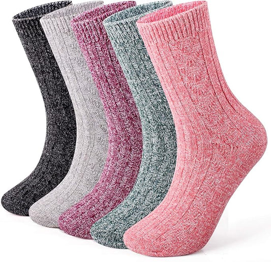 iLife AK 5 Pairs Women's Thermal Wool Socks UK Size 5.5-10 Multipack (Pink/Green/Purple/Grey/Black, 5-10)