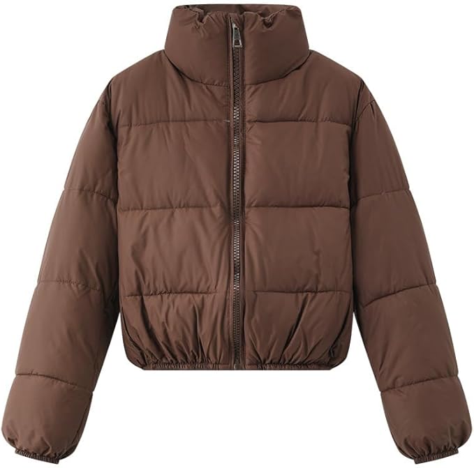 Women's Short Puffer Jacket Full Zip Stand Collar Short Winter Coat with Pocket
