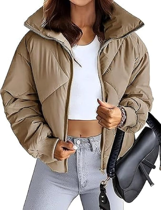 Women's Long Sleeve Zipper Short Puffer Jacket Winter Quilted Coat Outwear