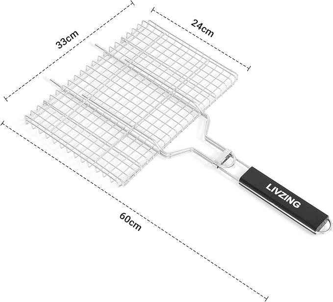 Livezing Portable BBQ Grill Basket, Chrome Plated Grilling Tray with Wooden Handle