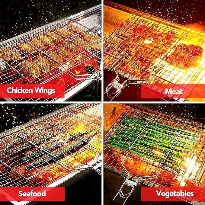 Livezing Portable BBQ Grill Basket, Chrome Plated Grilling Tray with Wooden Handle