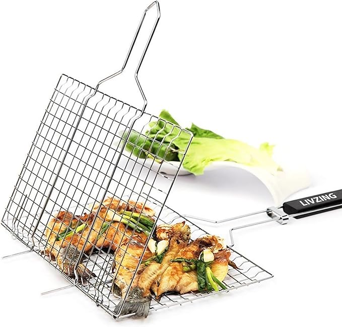 Livezing Portable BBQ Grill Basket, Chrome Plated Grilling Tray with Wooden Handle
