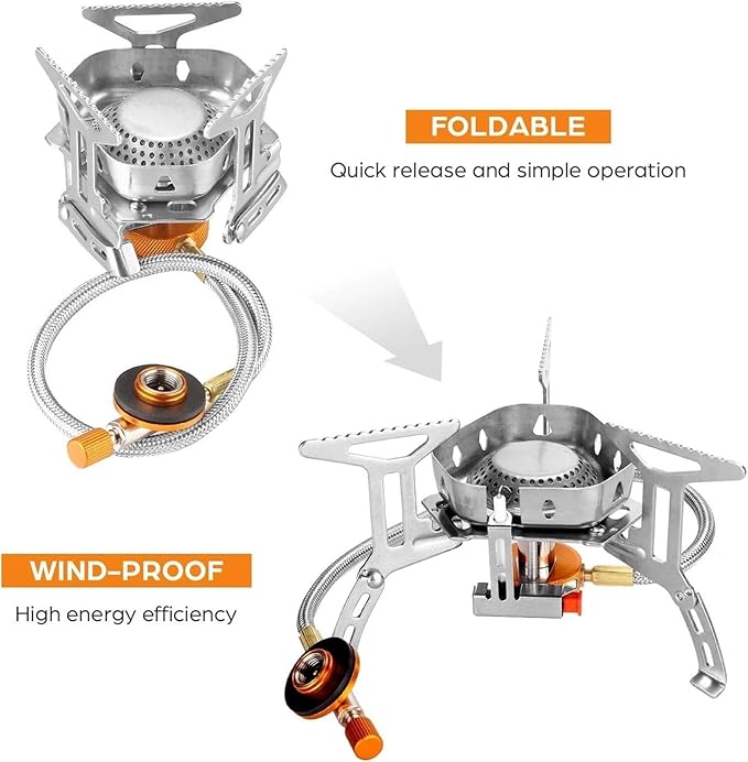 ذا وايت شوب موقد غاز للتخييم مقاوم للرياح بقدرة 3500 واط مع محول علبة وقود، موقد بيزو محمول قابل للطي للتخييم في الهواء الطلق والمشي لمسافات طويلة والنزهات