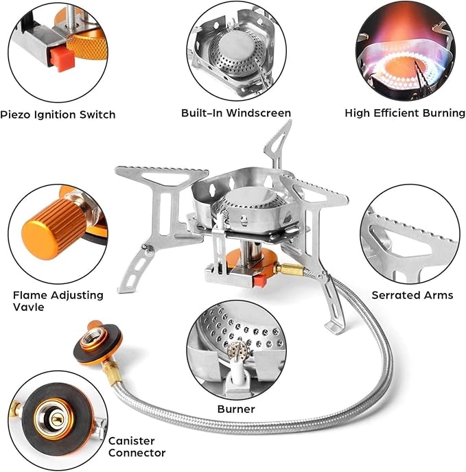 ذا وايت شوب موقد غاز للتخييم مقاوم للرياح بقدرة 3500 واط مع محول علبة وقود، موقد بيزو محمول قابل للطي للتخييم في الهواء الطلق والمشي لمسافات طويلة والنزهات