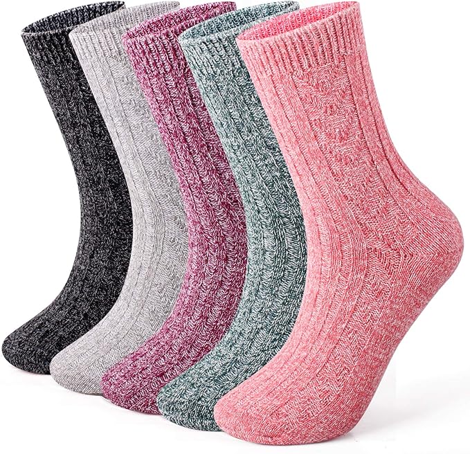 iLife AK 5 Pairs Women's Thermal Wool Socks UK Size 5.5-10 Multipack (Pink/Green/Purple/Grey/Black, 5-10) 