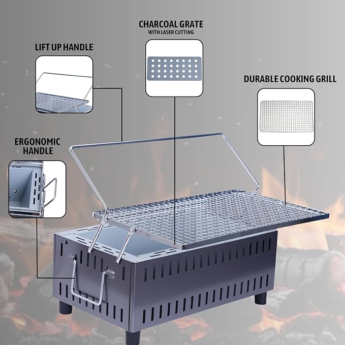 بروكامب شواية فحم لسطح الطاولة - 35 سم × 21 سم | طبخ لشخص او شخصين | شواء صنع ياباني مع شواية قابلة للرفع | شواية محمولة مقاومة للصدا | شواية مدخنة كباب للتخييم في الهواء الطلق والطبخ في الفناء