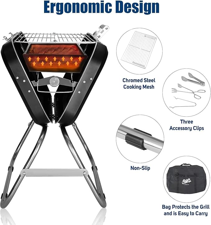 شواية فحم محمولة قابلة للطي من اس ام كيو، شواية شواء متينة من الستانلس ستيل، مجموعة ادوات سطح الطاولة للنزهات الخارجية والفناء الخلفي والتخييم والطبخ