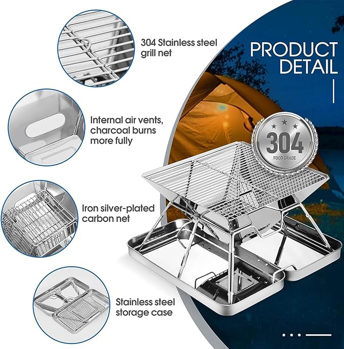 Most Now Camping Grill, Portable Folding Charcoal Grill, Backpacking BBQ Grill, Heavy Duty Fire Pit Grill with Carry Bag for Outdoor Cooking, Fire Pit, Backyard